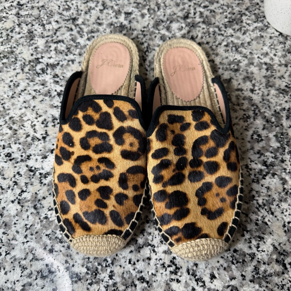 J. Crew | AN908 Leopard Print Fur-Calf Hair Espadrille Mules Size 7
